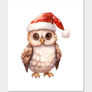 Great Horned Owl in Santa Hat Posters and Art